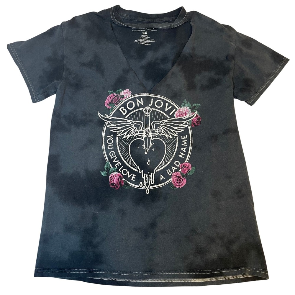 Bon Jovi You Give Love... Tie Dye Cut Out V Neck Concert T Shirt Band Womens XS